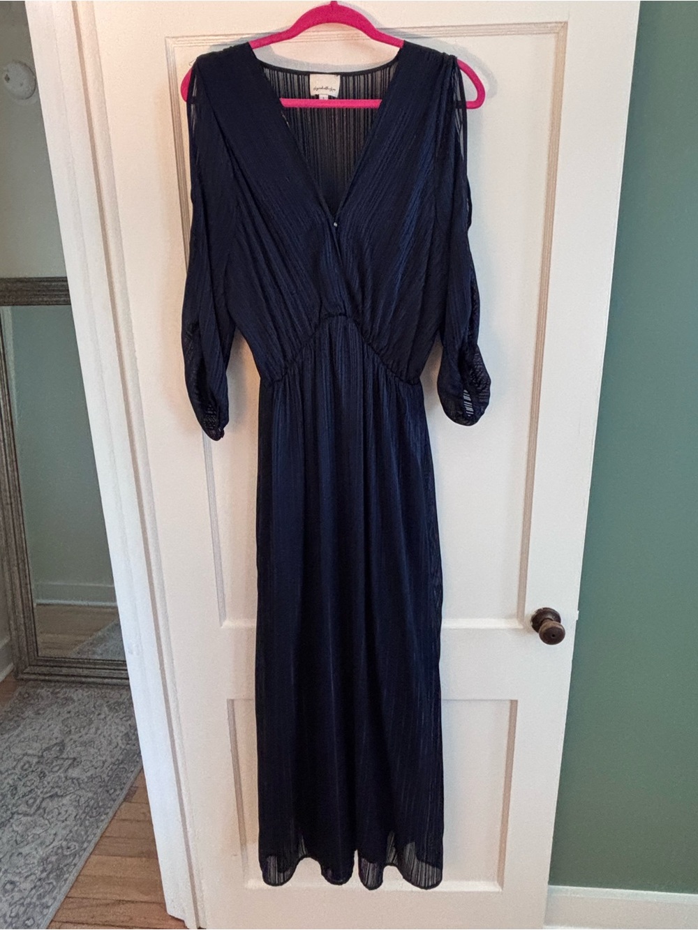 Long Navy Blue V-Neck Maxi Dress with Gathered Waist